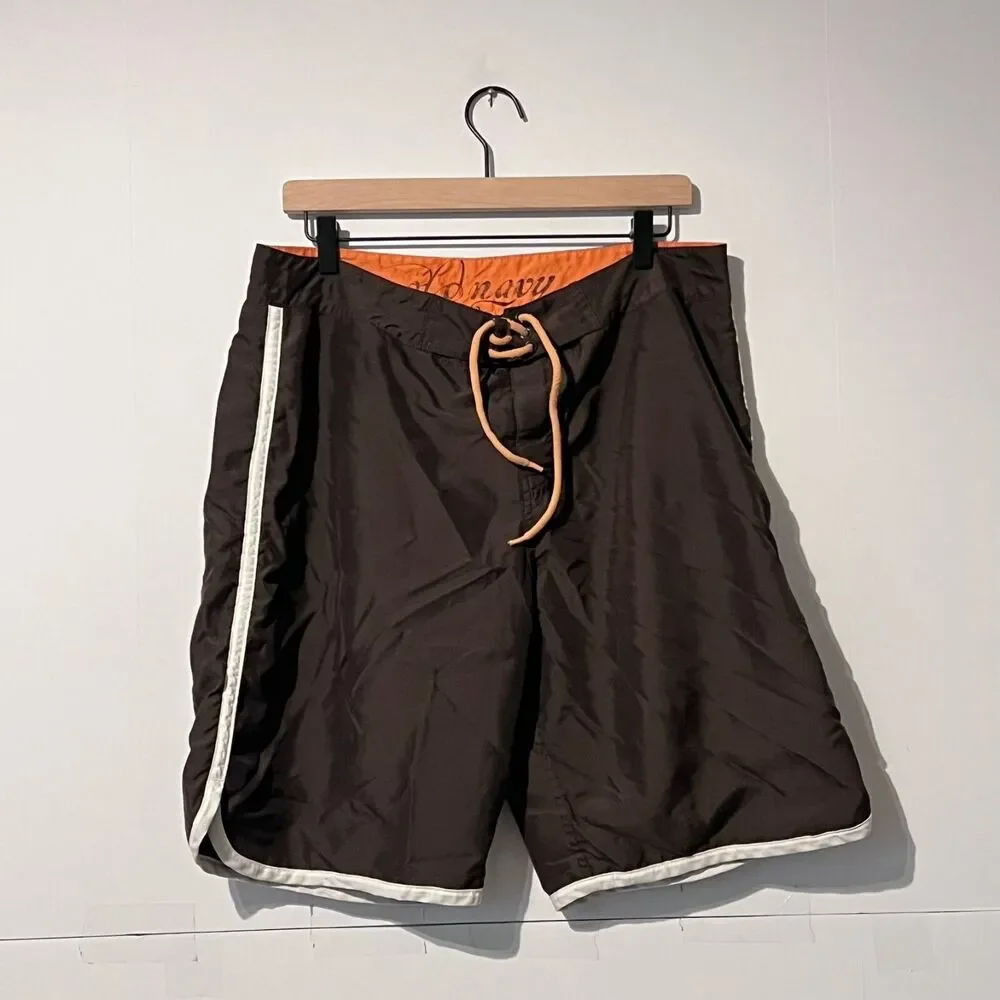 Old Navy Mens Performance Shorts Size L Brown Orange Trim Drawstring 34